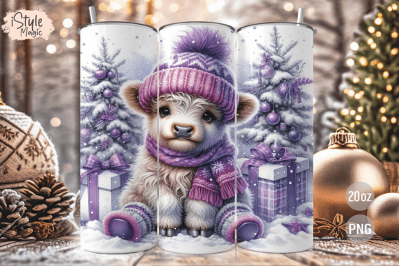 Christmas Highland Cow Tumbler Wrap PNG