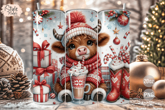 Christmas Highland Cow Tumbler Wrap PNG