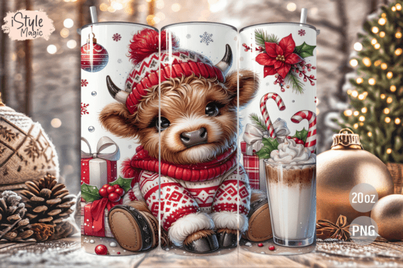 Christmas Highland Cow Tumbler Wrap PNG