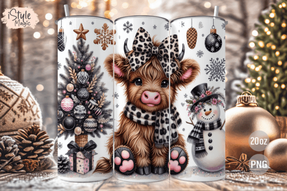 Christmas Highland Cow Tumbler Wrap PNG