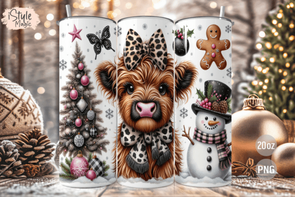 Christmas Highland Cow Tumbler Wrap PNG