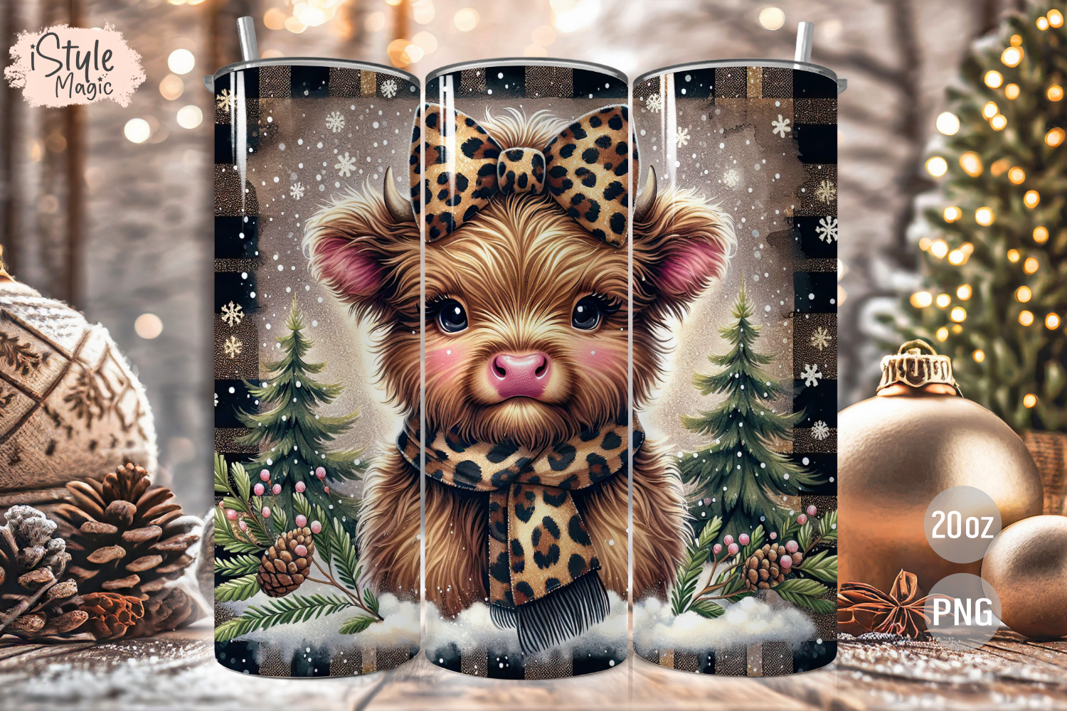 Christmas Highland Cow Tumbler Wrap PNG