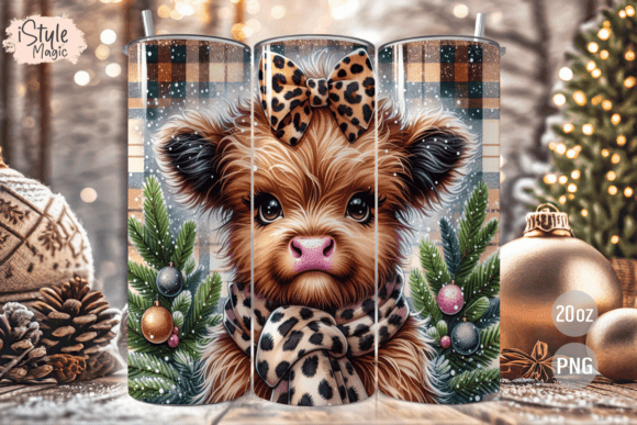 Christmas Highland Cow Tumbler Wrap PNG