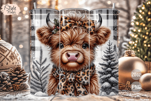 Christmas Highland Cow Tumbler Wrap PNG