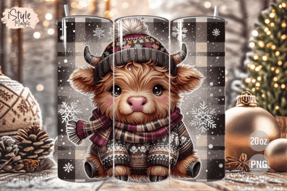 Christmas Highland Cow Tumbler Wrap PNG