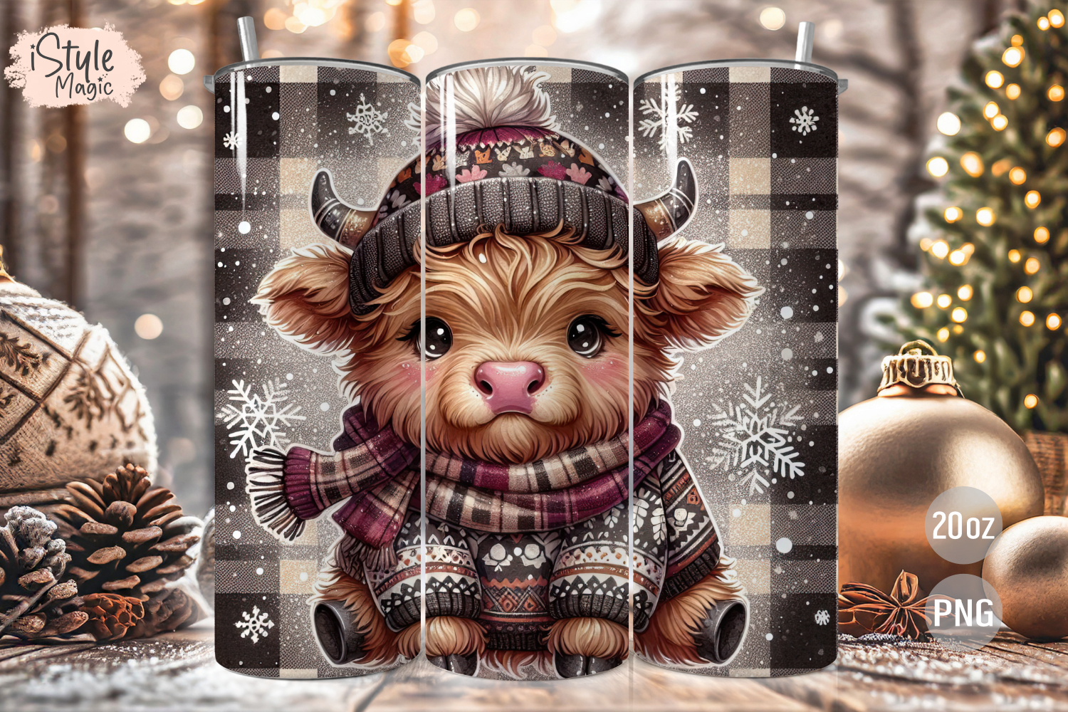 Christmas Highland Cow Tumbler Wrap PNG