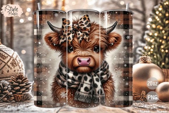 Christmas Highland Cow Tumbler Wrap PNG
