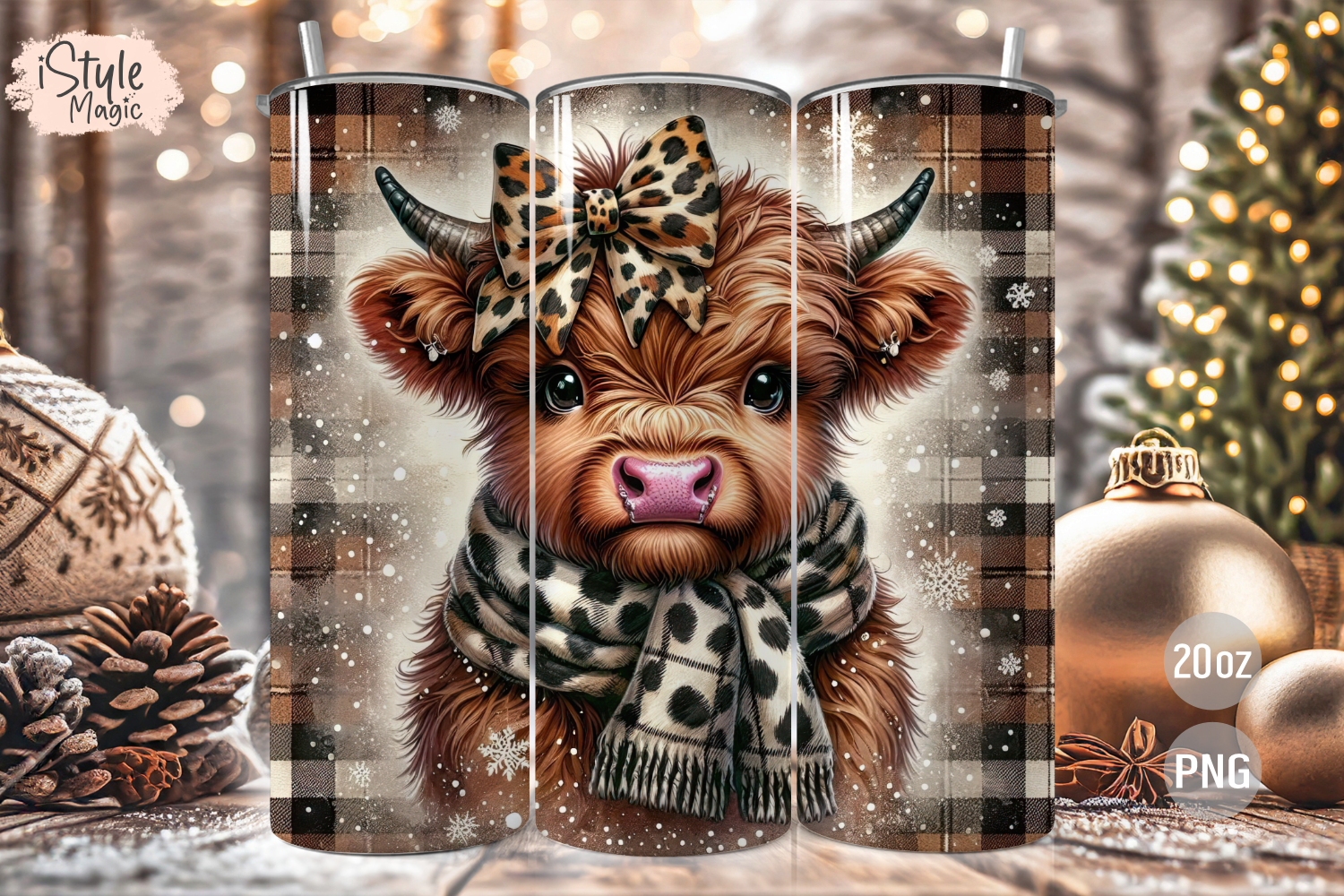 Christmas Highland Cow Tumbler Wrap PNG