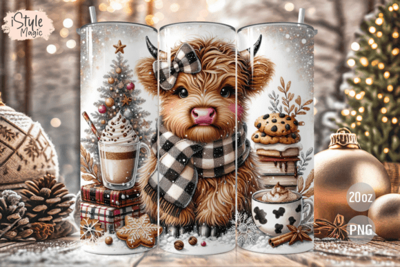 Christmas Highland Cow Tumbler Wrap PNG