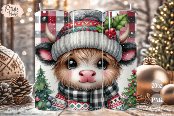 Christmas Highland Cow Tumbler Wrap PNG