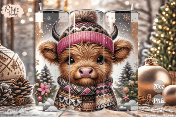 Christmas Highland Cow Tumbler Wrap PNG