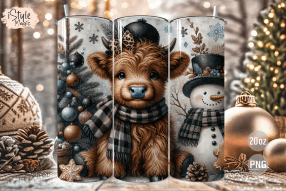 Christmas Highland Cow Tumbler Wrap PNG