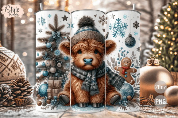 Christmas Highland Cow Tumbler Wrap PNG