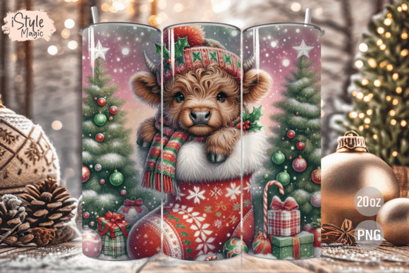 Christmas Highland Cow Tumbler Wrap PNG