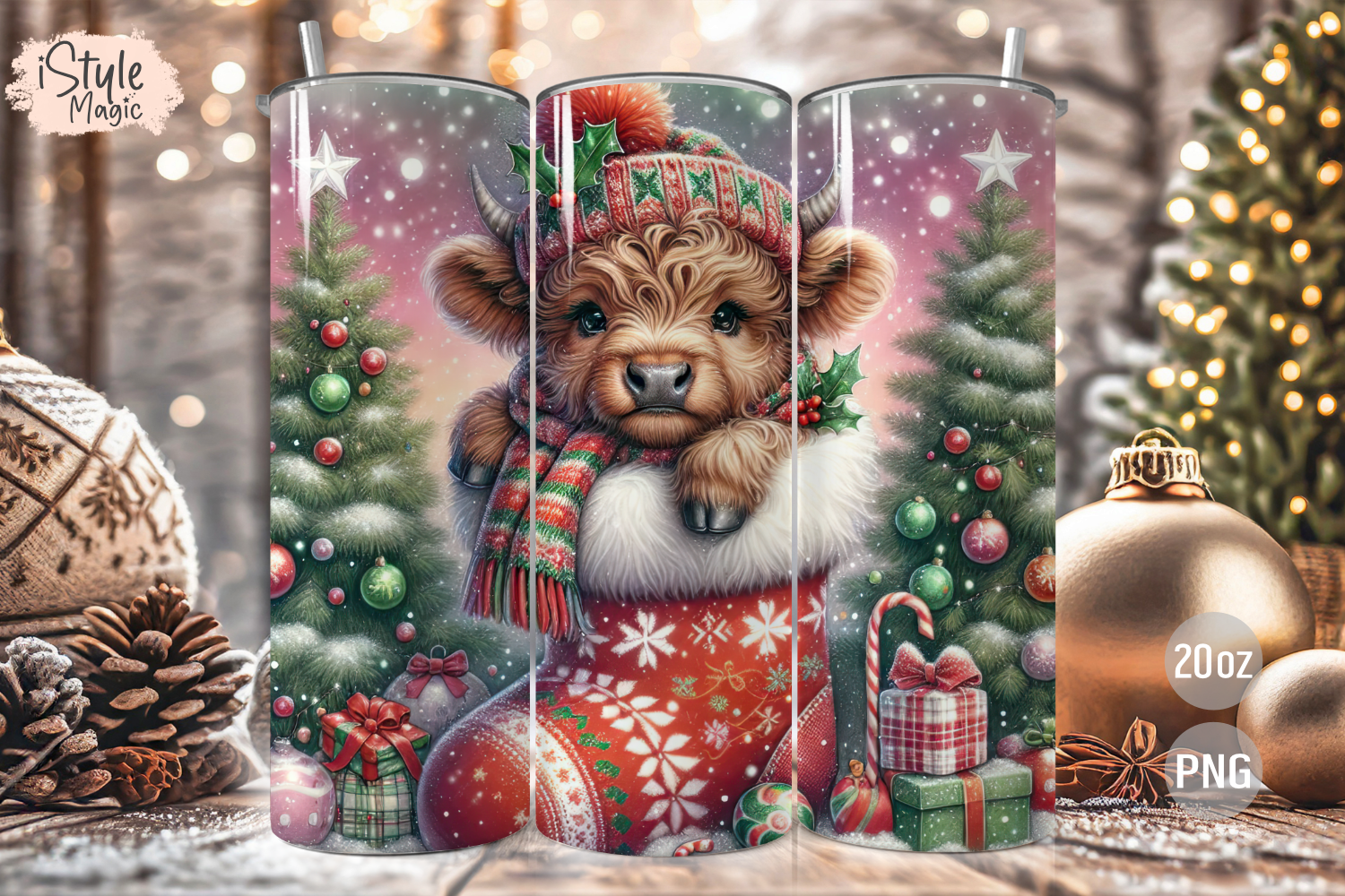 Christmas Highland Cow Tumbler Wrap PNG