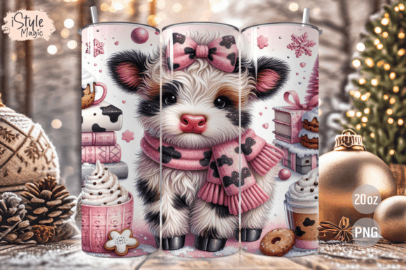 Christmas Highland Cow Tumbler Wrap PNG