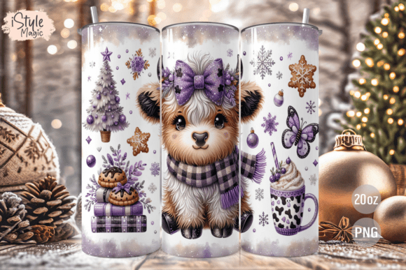 Christmas Highland Cow Tumbler Wrap PNG