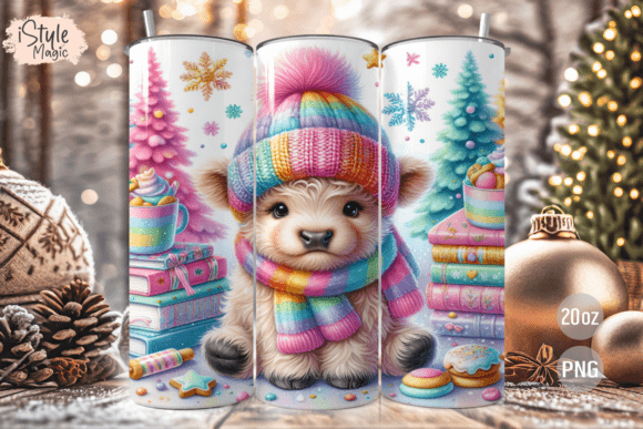 Christmas Highland Cow Tumbler Wrap PNG