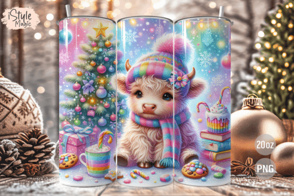 Christmas Highland Cow Tumbler Wrap PNG