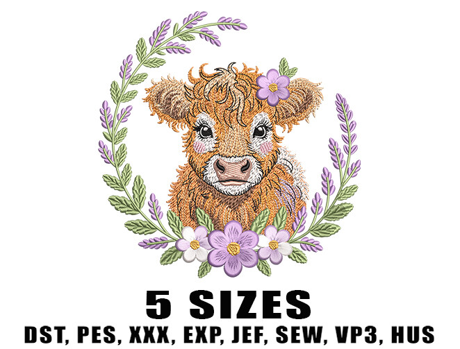 Curly Highland Cow with Floral Wreath