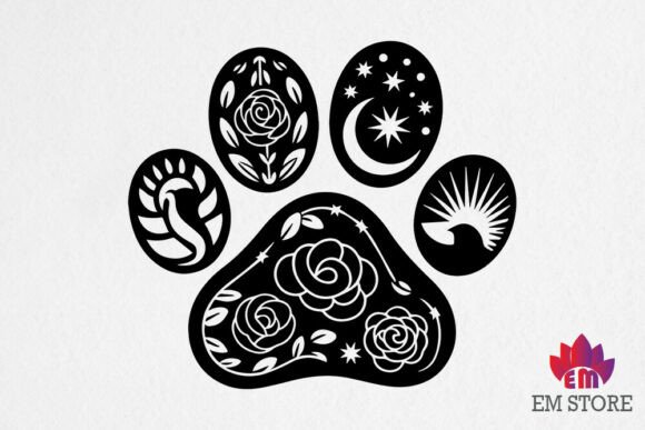 Floral Dog Paw paw print memorial SVG with botanical blooms