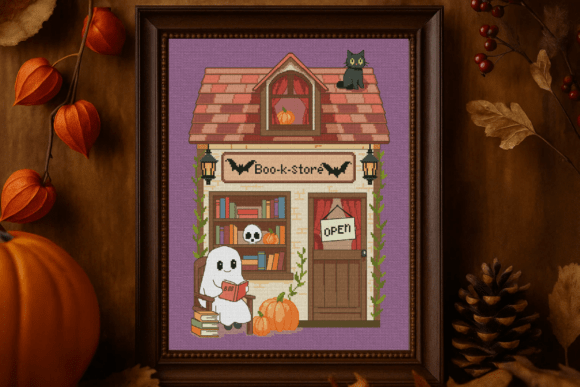 Halloween Bookstore Cross Stitch Pattern