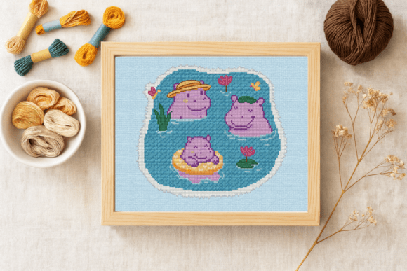 Hippo Family Cross Stitch Pattern