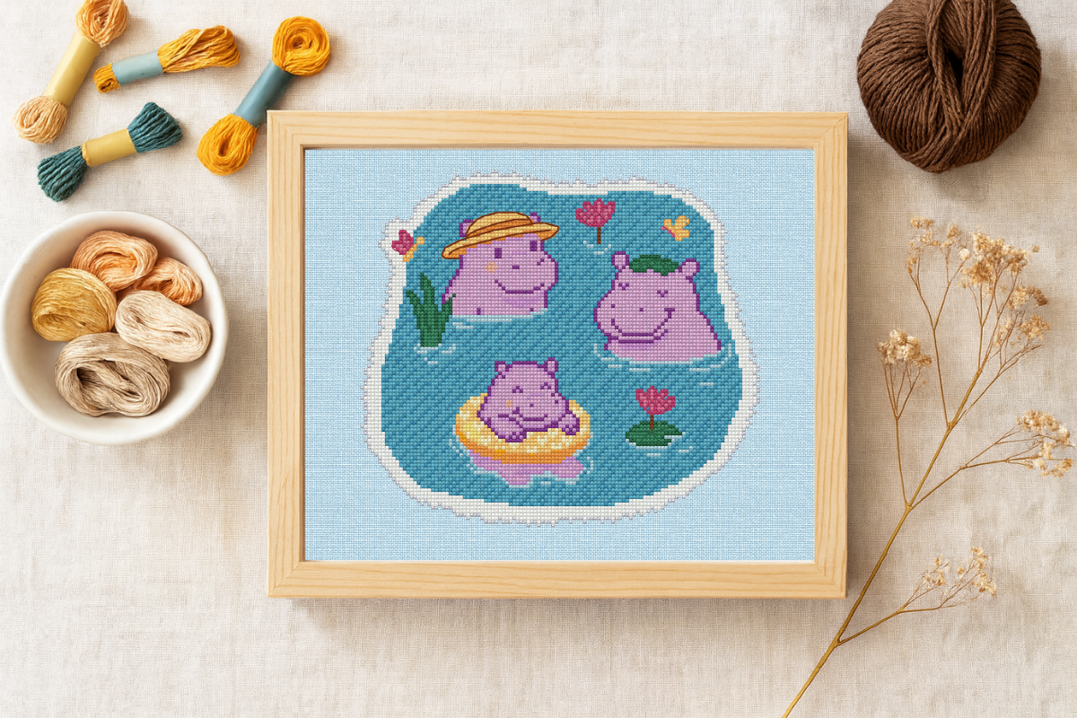 Hippo Family Cross Stitch Pattern