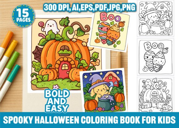 Spooky Halloween Coloring Pages for Kids: 15 Digital Hand-Drawn Pages | Bold & Easy 8.5x8.5