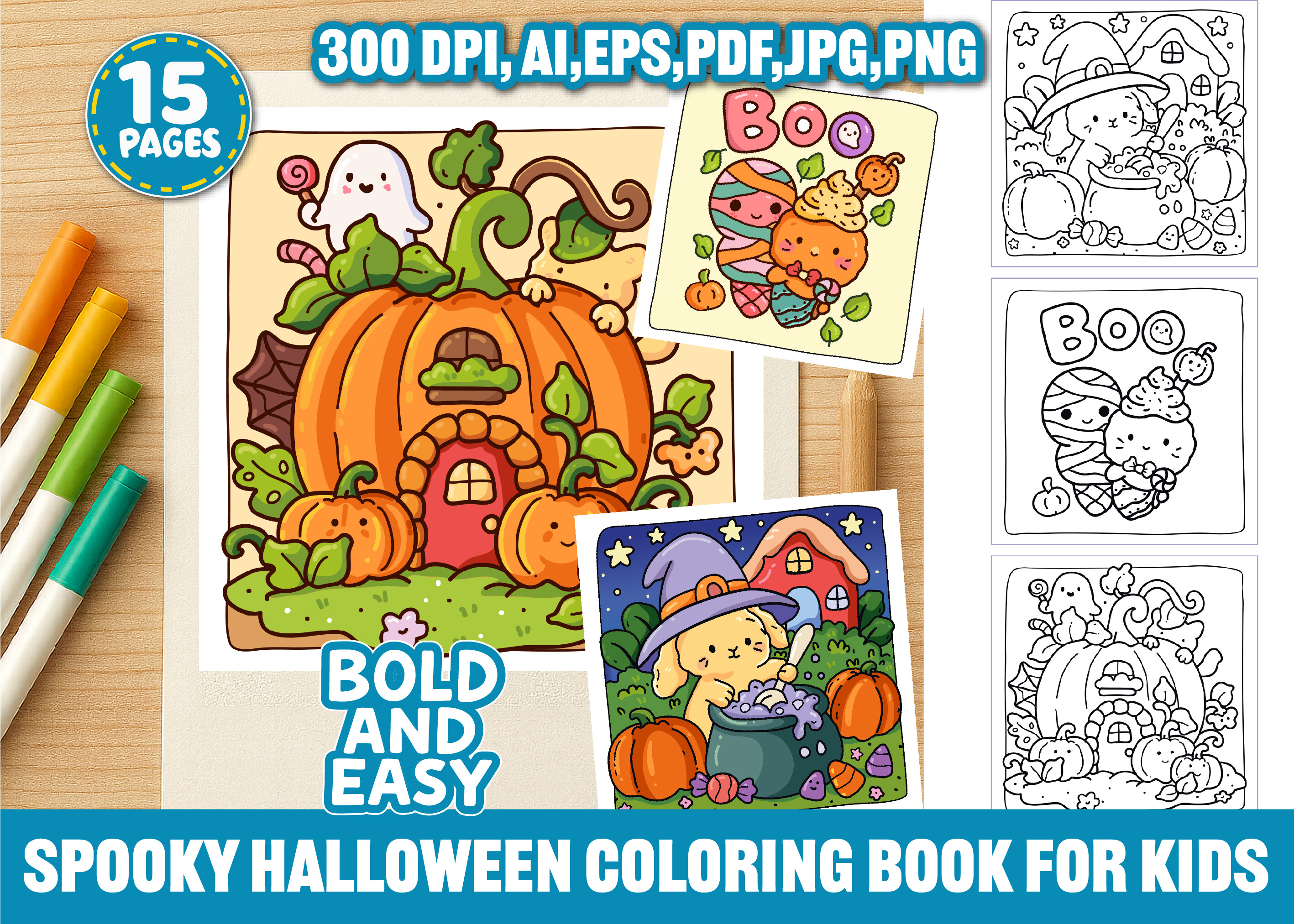 Spooky but kid-friendly Halloween coloring page with seasonal characters