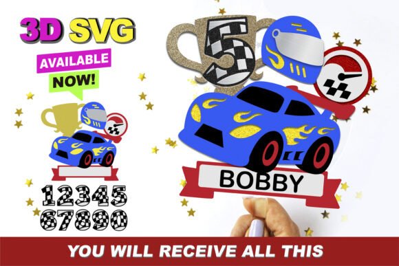 Race Cars Cake Topper 3D SVG Formes Ressources SVG 3D pour les Loisirs Créatifs Par Claudia Atencio