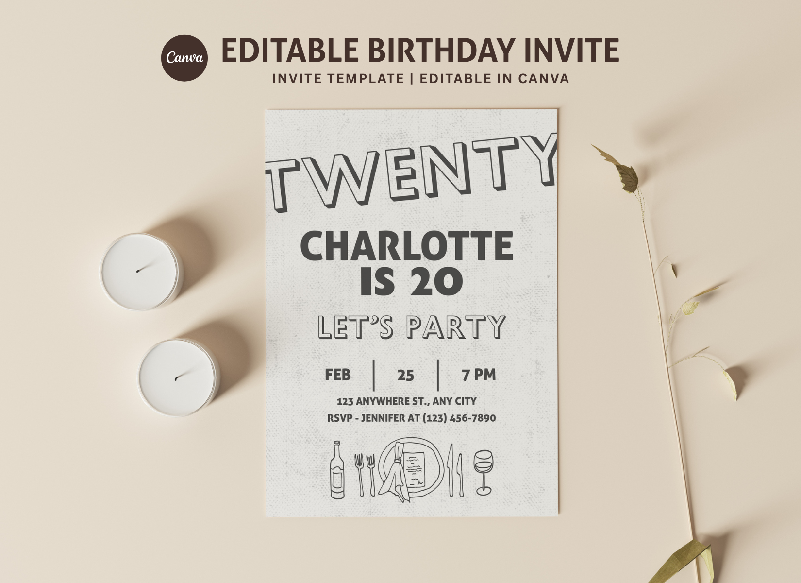 Simple Black and White Birthday Invite