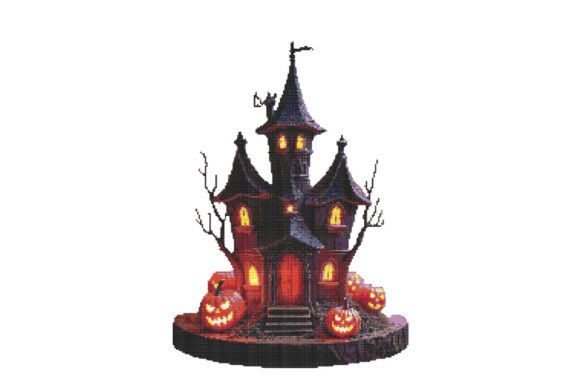 Haunted House with Glowing Pumpkins Cros