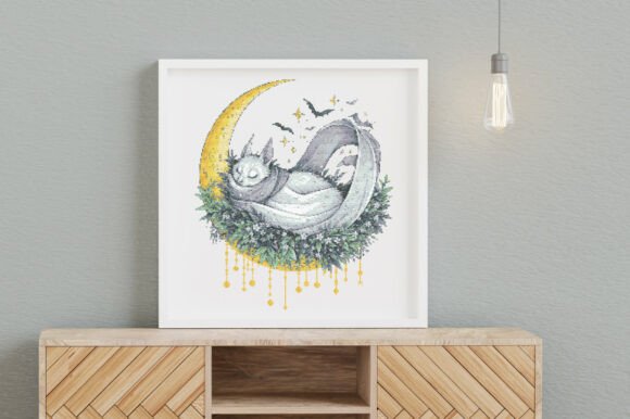 Sleeping Bat on Crescent Moon Cross-Stit