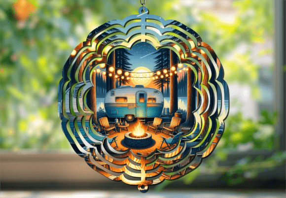 Camping Trailer and Bonfire Wind Spinner Graphic Crafts By Lazy Cow