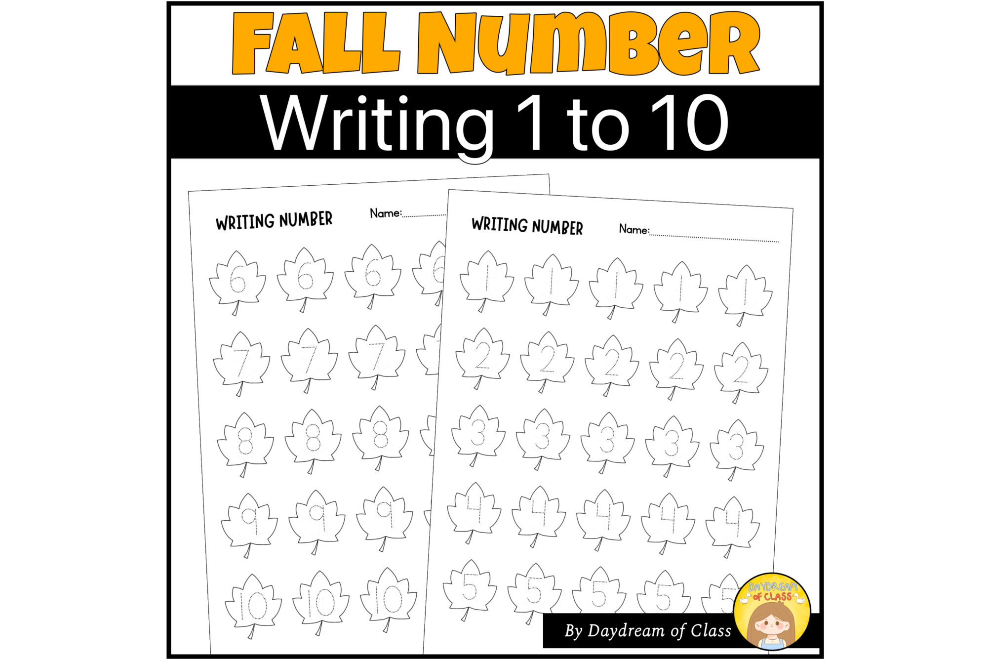 Fall Number Handwriting 1 to 10 Practice