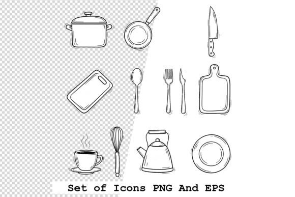 Set of Kitchen Icons in Hand Drawn