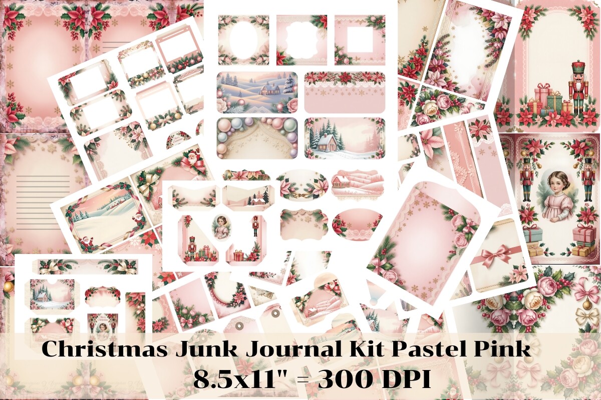 Vintage Christmas junk journal kit preview with journal pages, tags, cards and mini envelopes