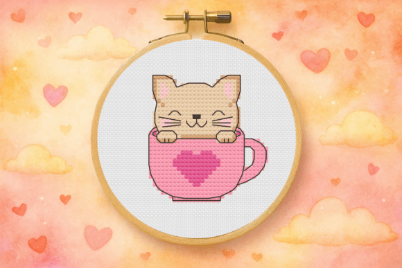 Cute Cat in Pink Cup CrossStitch Pattern