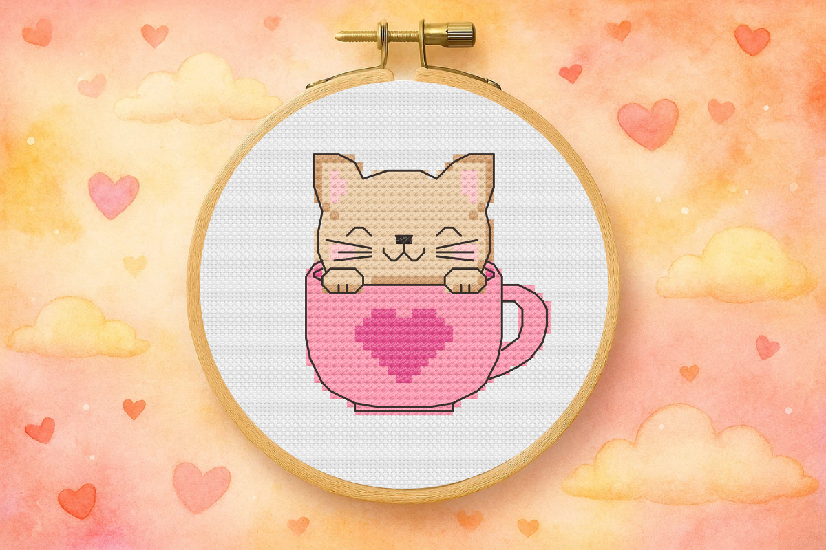 Cute Cat in Pink Cup CrossStitch Pattern