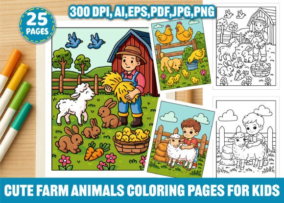 Cute Farm Animals Coloring Page for Kids