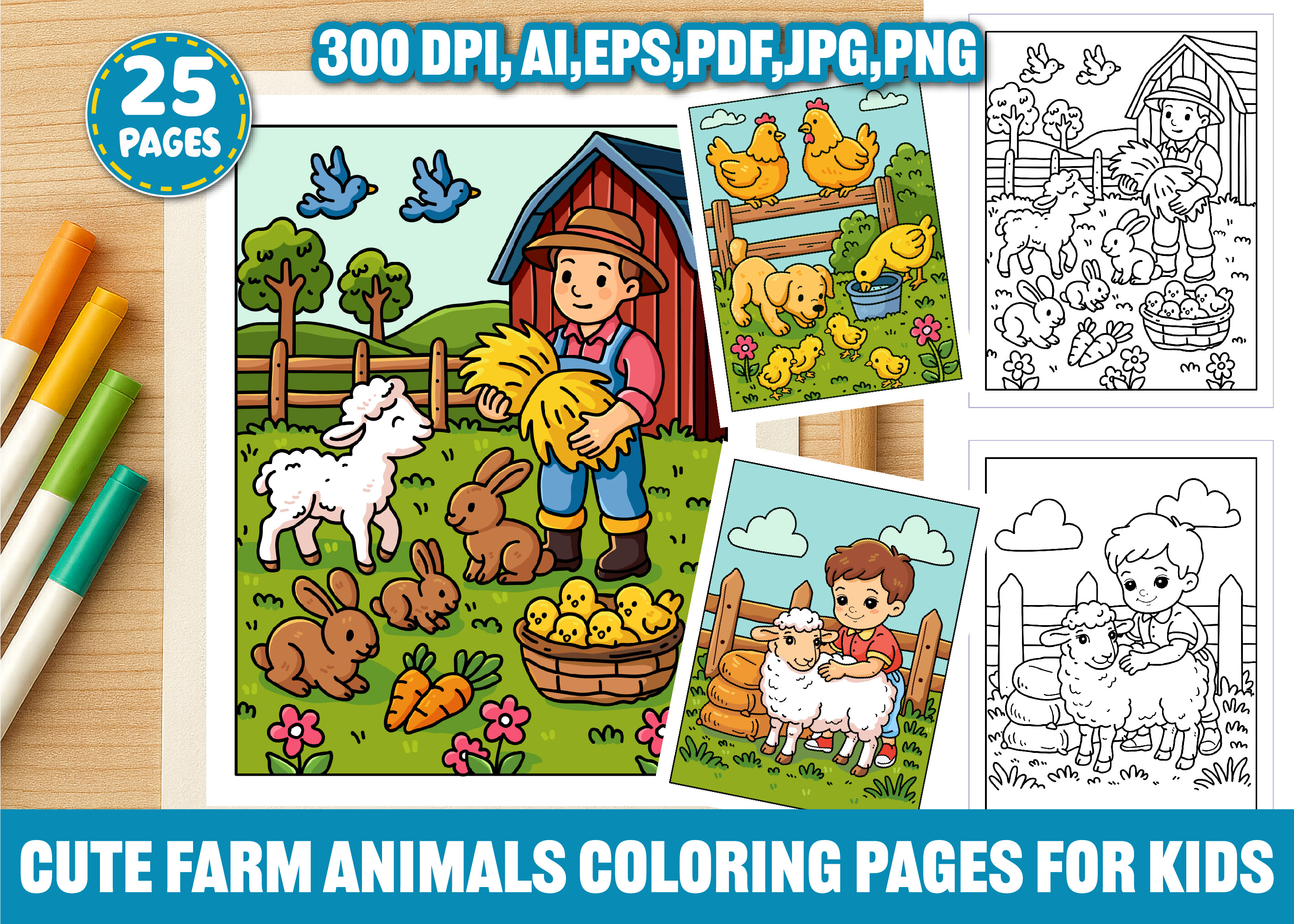 Cute Farm Animals Coloring Page for Kids