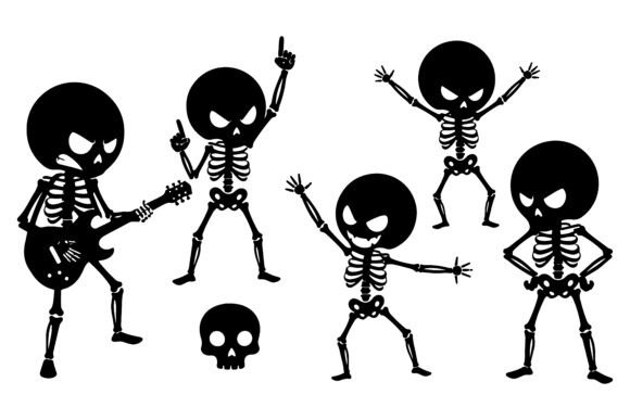 Five Cartoon Skeletons Dancing and Playi