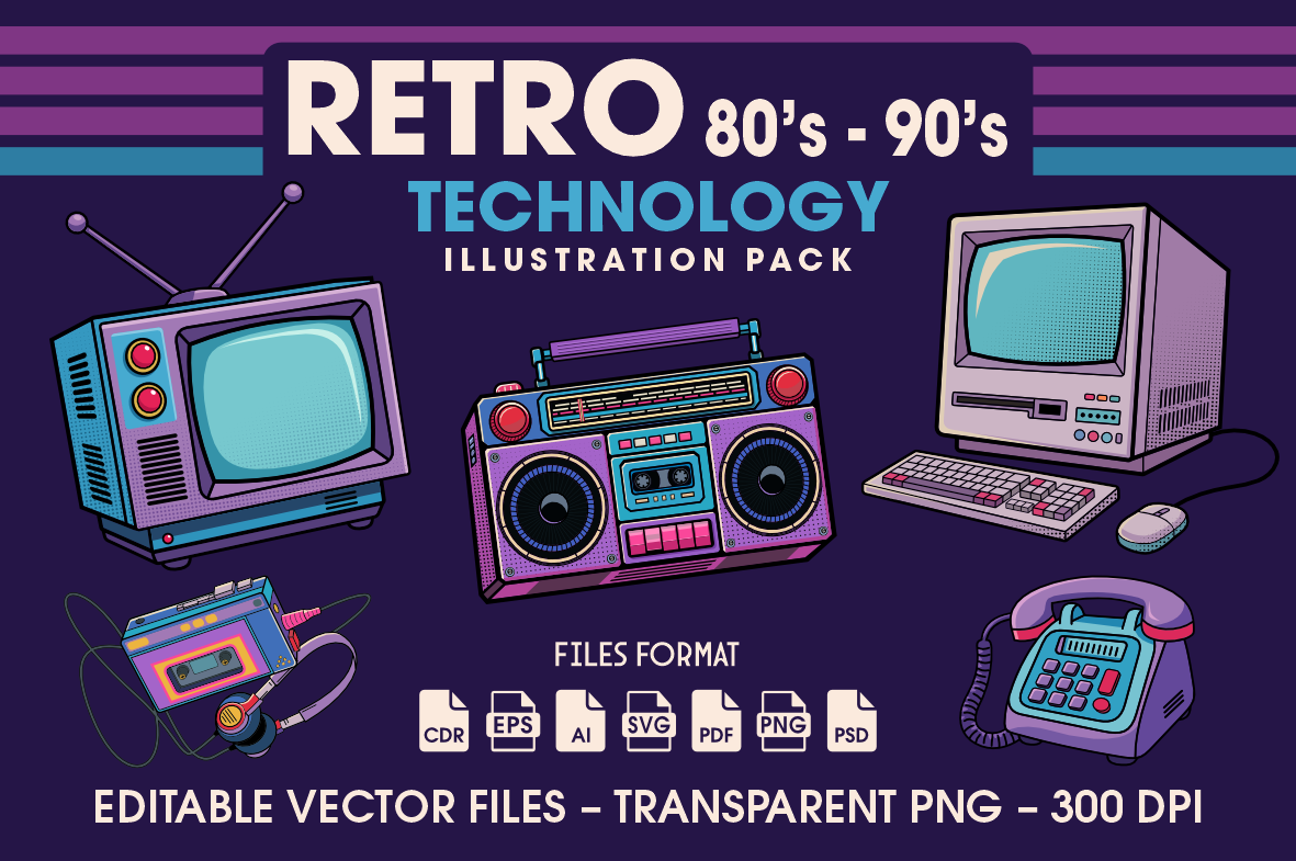 Retro 80s–90s Tech Illustration Pack