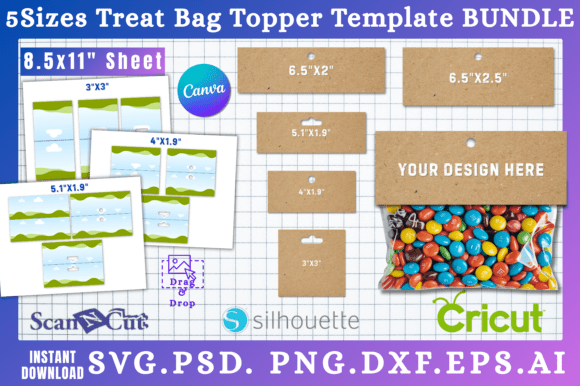 5 Sizes Treat Bag Topper Template Bundle
