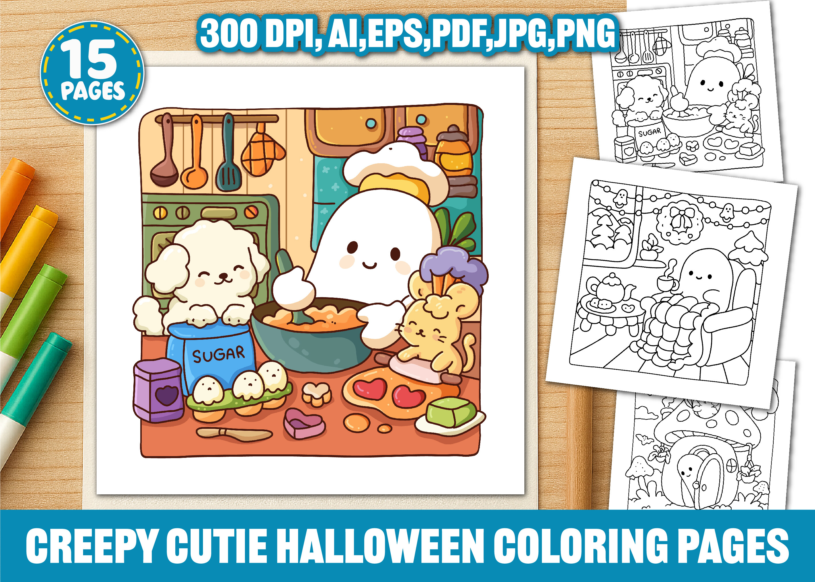 Creepy cutie Halloween coloring page with a playful spooky character