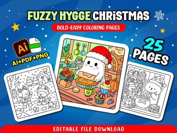 Fuzzy Hygge Christmas Coloring Pages