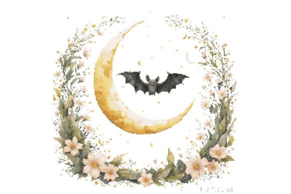 Halloween Moonlit Bat and Floral Crescen