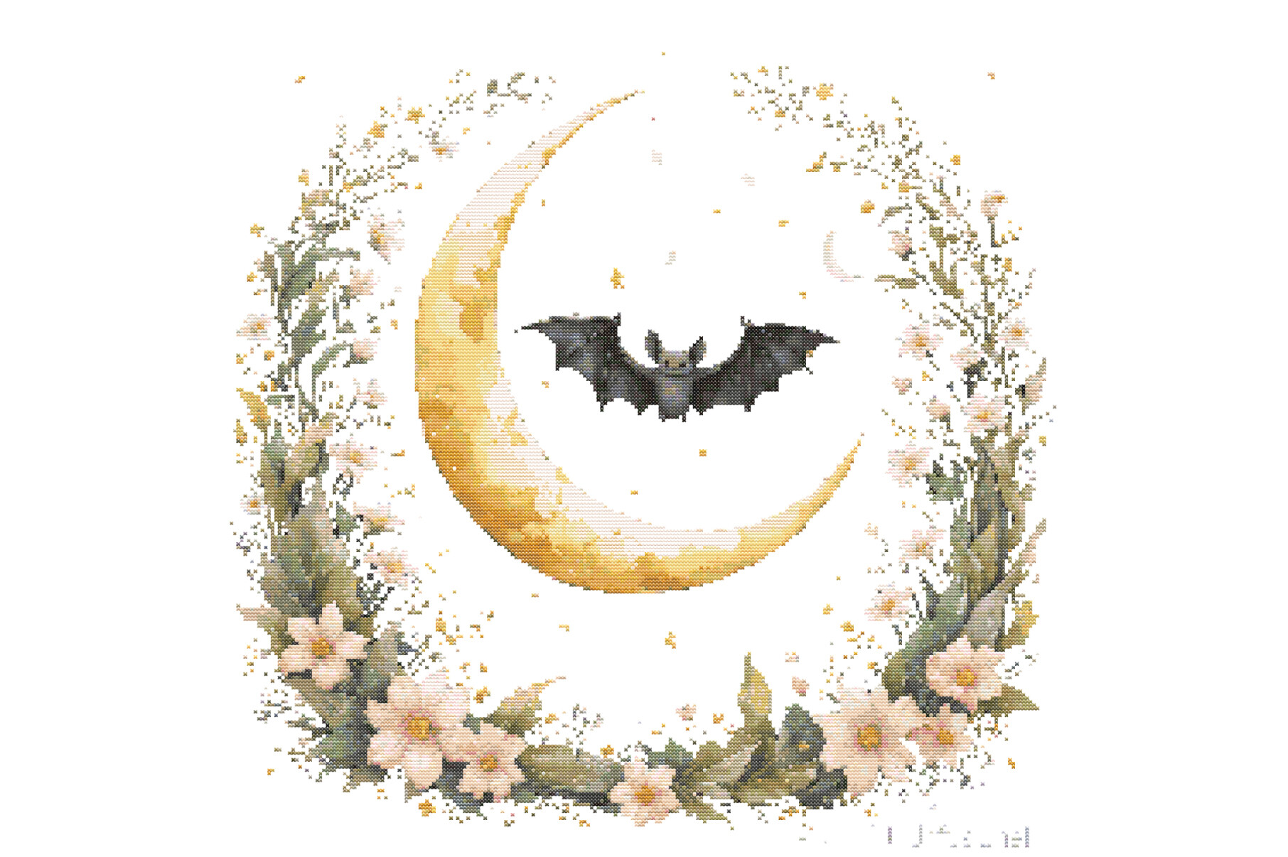 Halloween Moonlit Bat and Floral Crescen