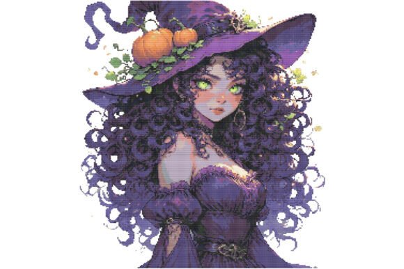 Halloween Pumpkin Witch Girl Cross Stitc